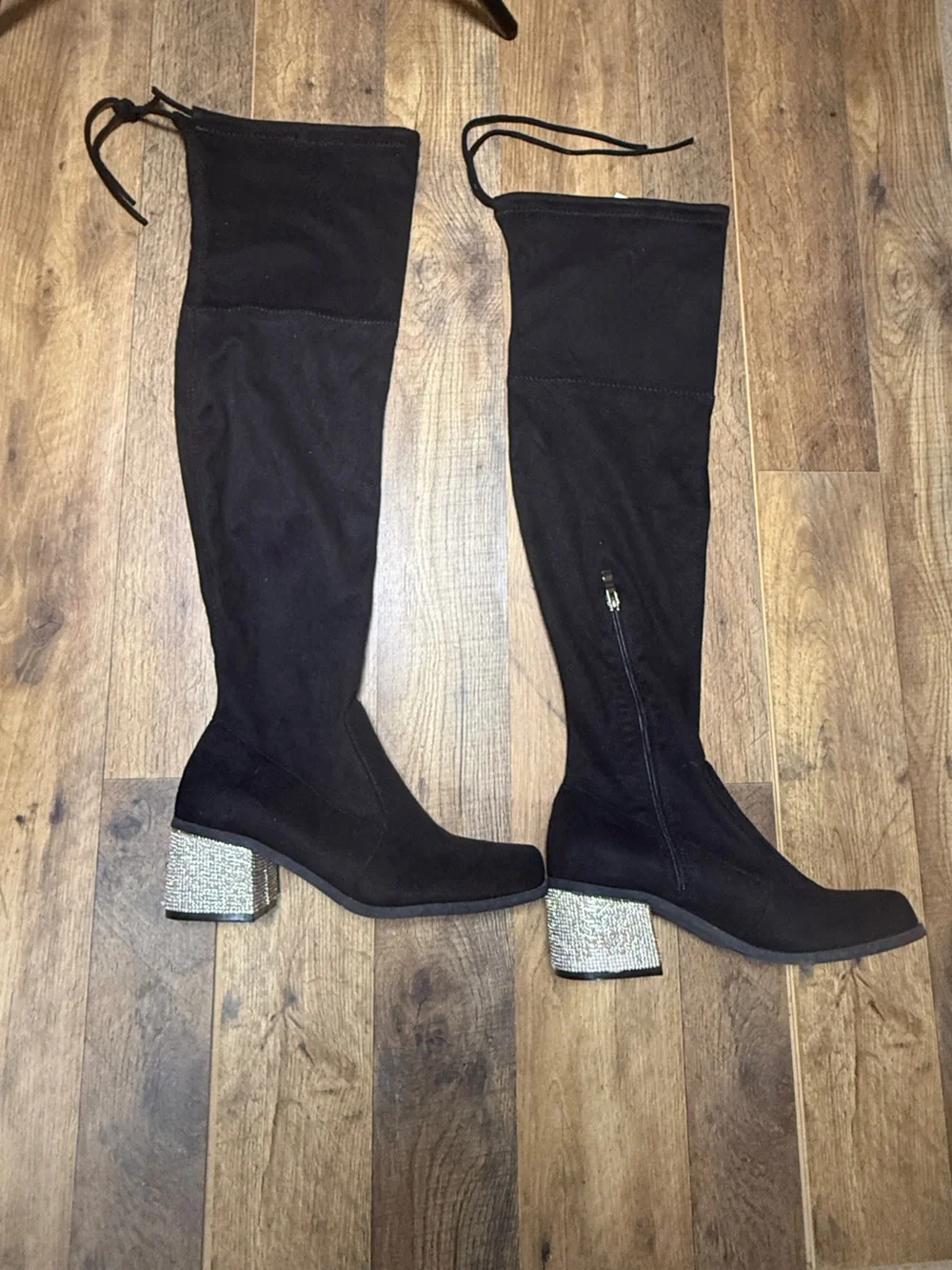 Black Suede Rhinestone Block Heel Over The Knee Boots Sz 7.5